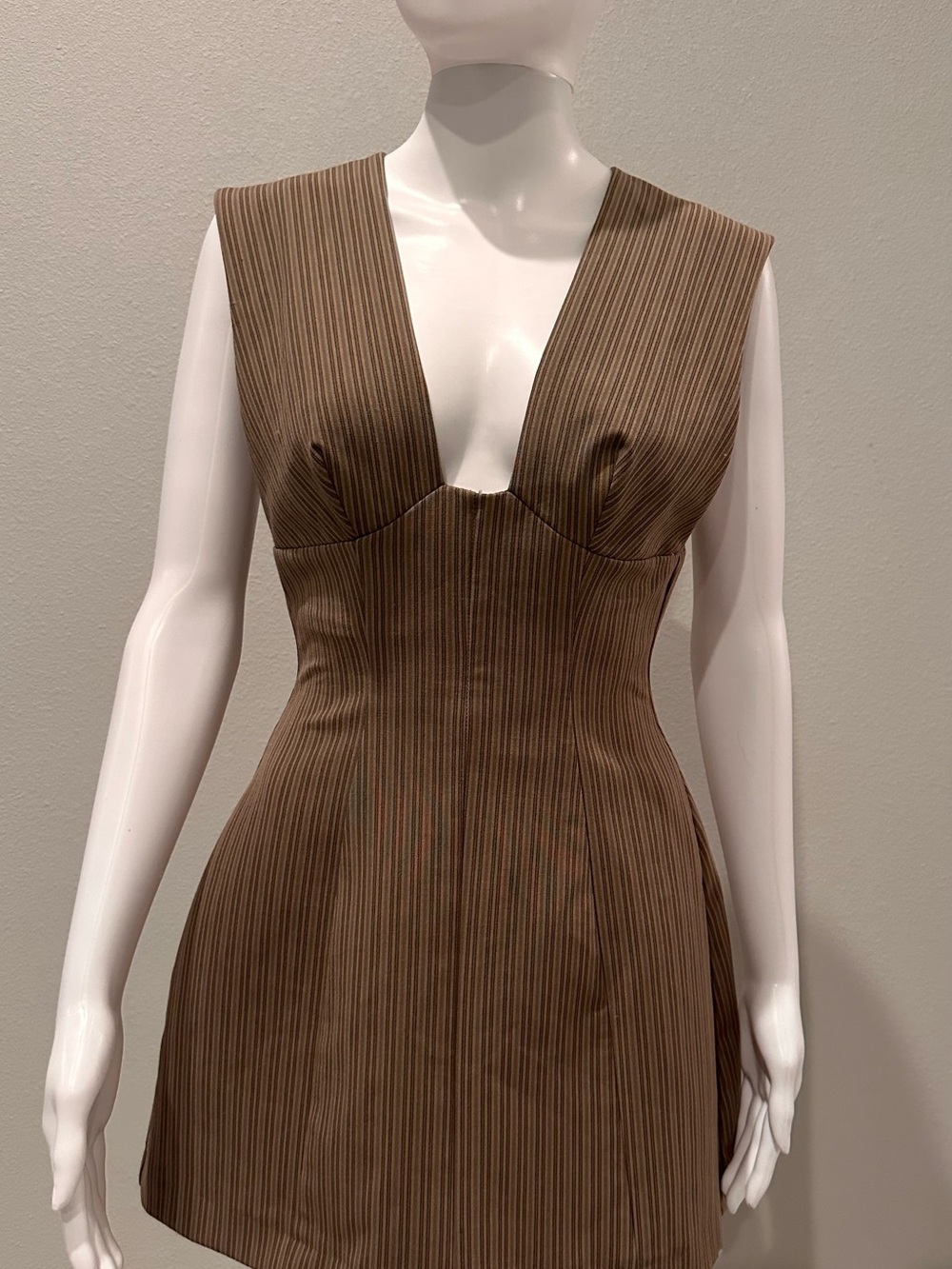 ZARA Light Tan Pinstripe Mini Dress Deep V Sleeveless Size S